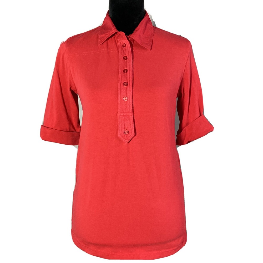 Massini Top MED True Red Collar T Shirt Short‎ Cuff Sl Comfy Washable Stretch LN